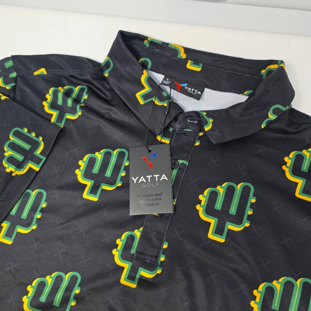 NWT Yatta Golf The People's Polo Performance Stretch Black‎ Cactus Men's Size L.